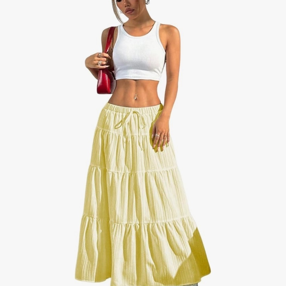 Women's Boho Skirt Flowy Butter Yellow Ruffle Long Maxi Skirts Going Out Outfits - Picture 6 of 7